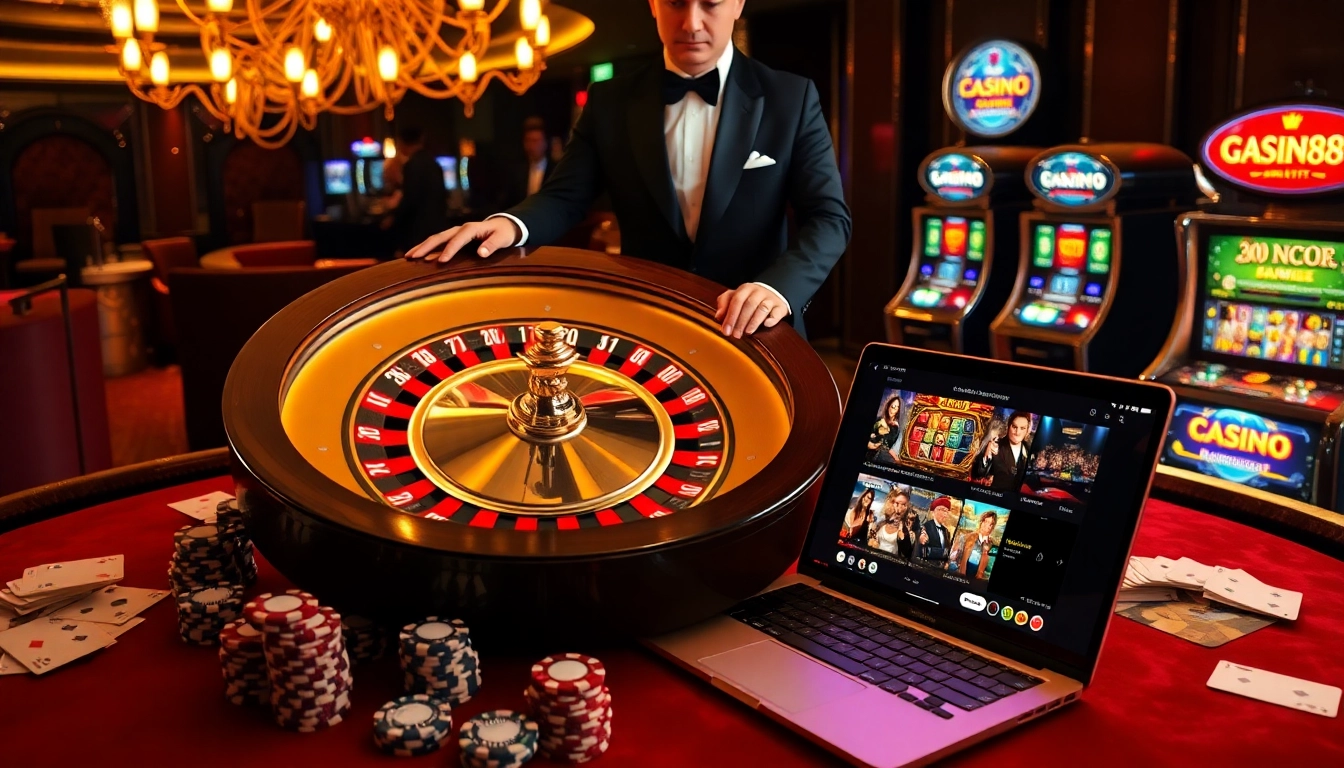 Experience the excitement of GACAM888 with a luxurious casino scene featuring roulette and poker.