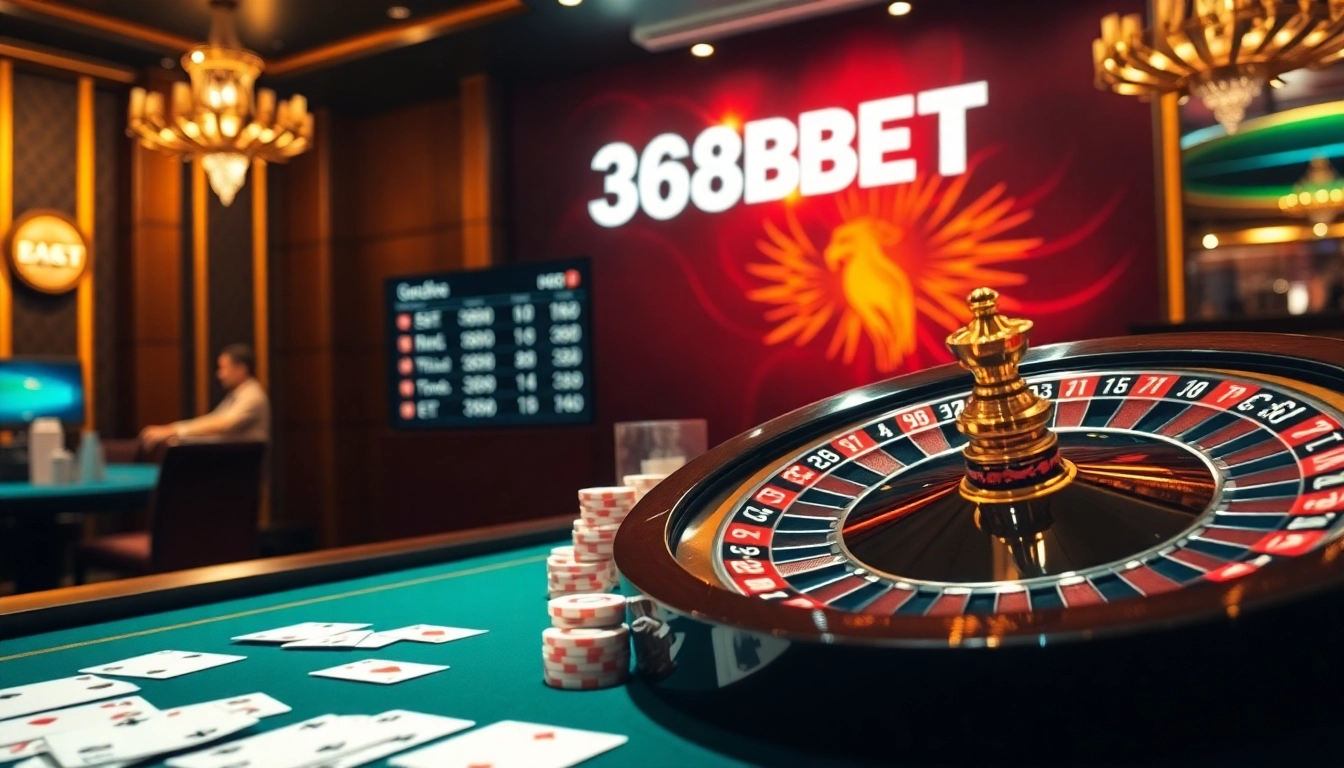 368BET players enjoying a thrilling moment at a luxurious gaming table with cards and chips.