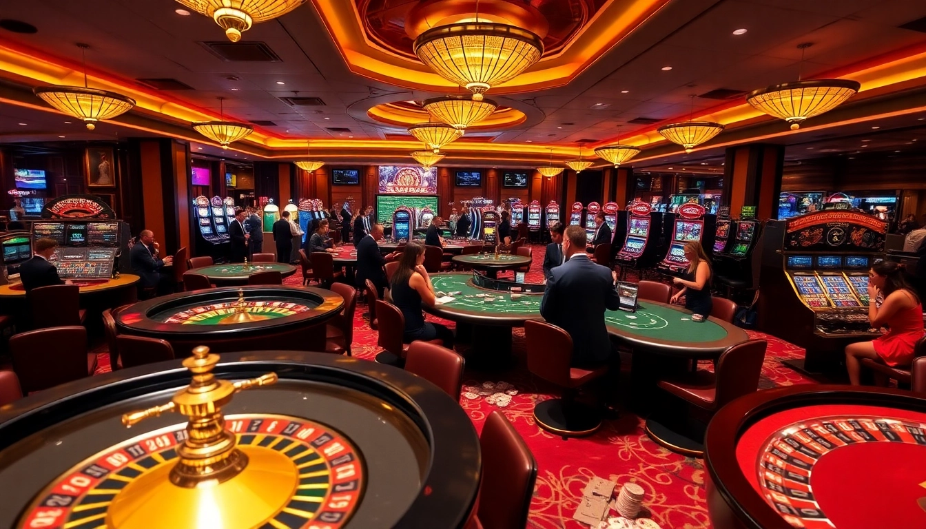 Exciting gambling scene at 136bet casino with lively players at roulette and poker tables.