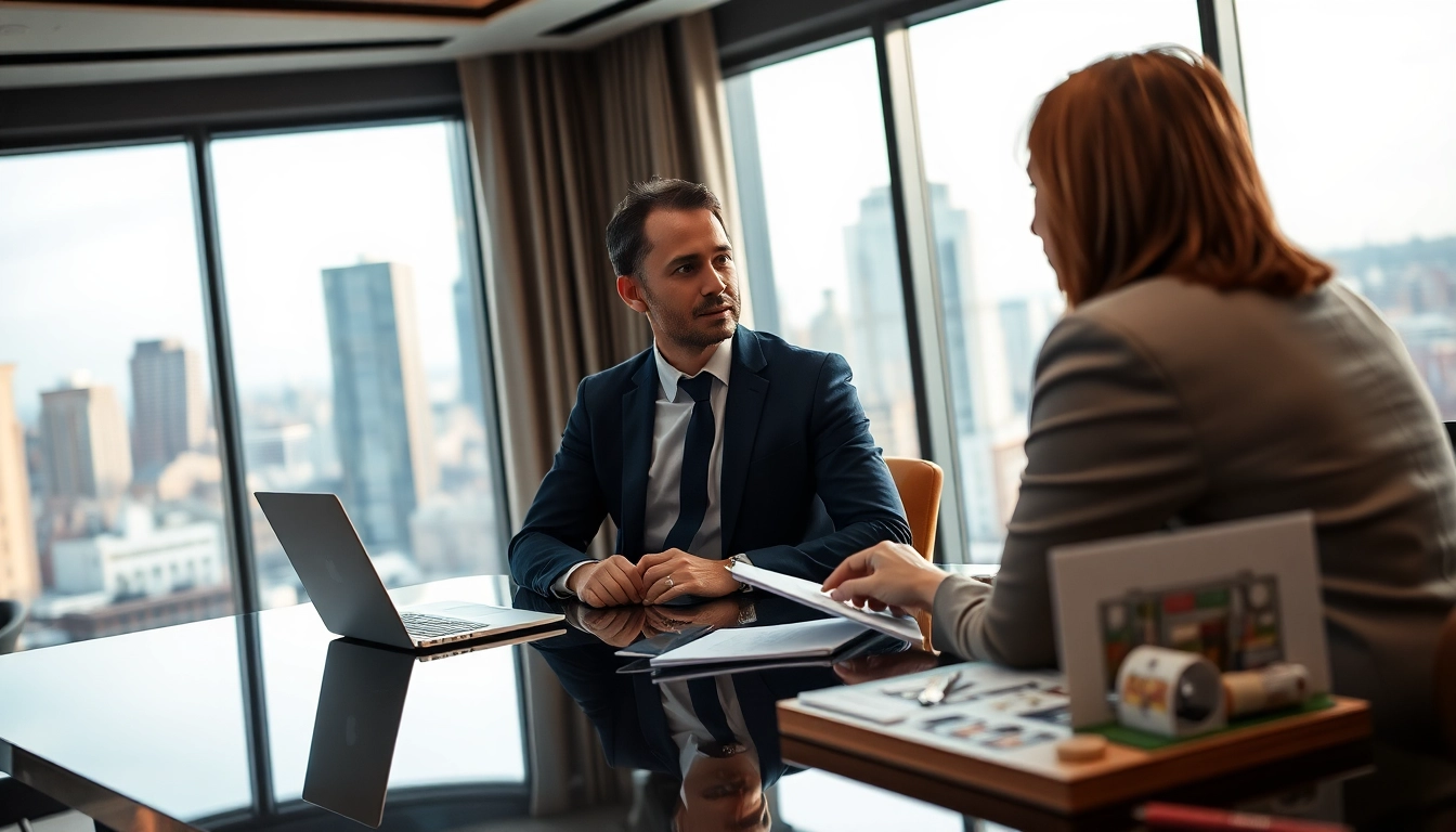 Headhunter Gastronomie berät einen Kunden in einem eleganten Büro, um optimale Stellenbesetzungen zu finden.