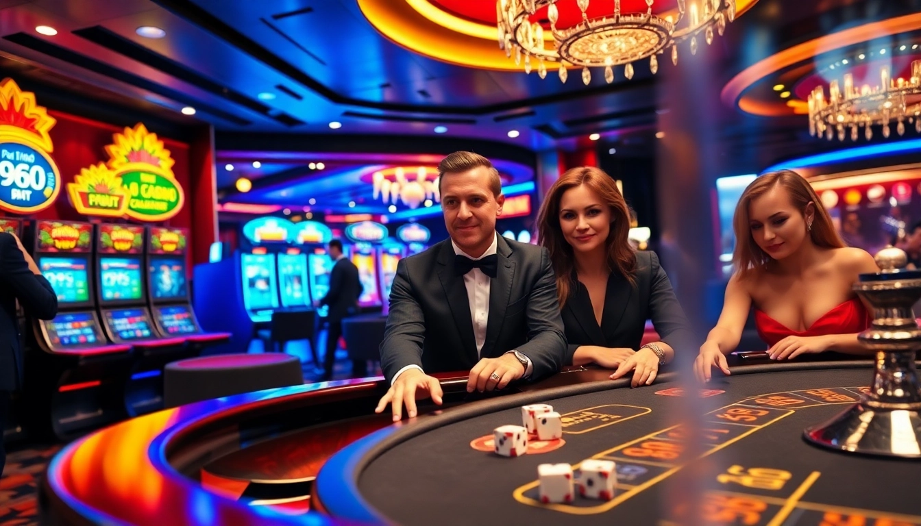 Experience the thrill of rr88 with players enjoying high-stakes poker games and colorful casino elements.