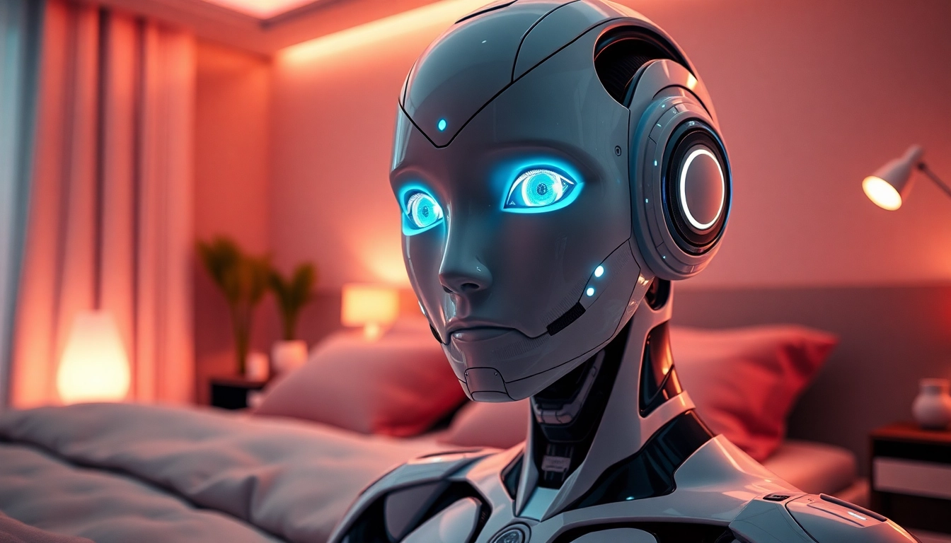 AI sex bot embodying advanced technology in a modern bedroom setting with soft lighting.