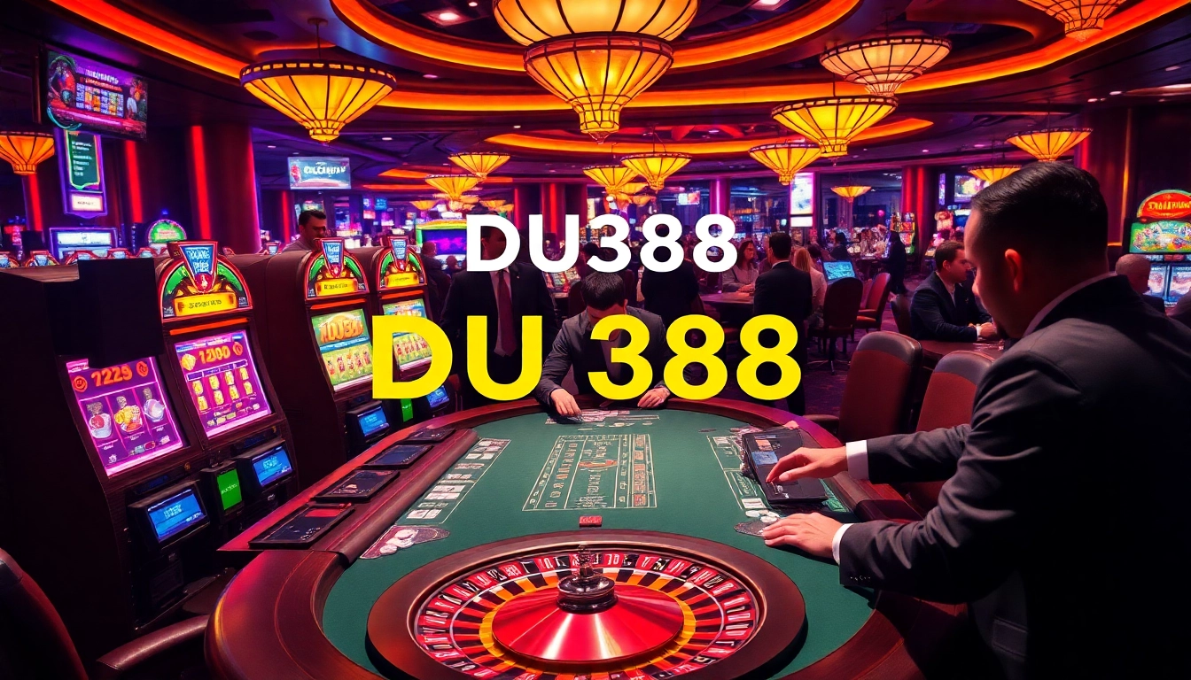 Experience thrilling gaming at DU388 with a vibrant casino scene featuring poker, roulette, and slot machines.
