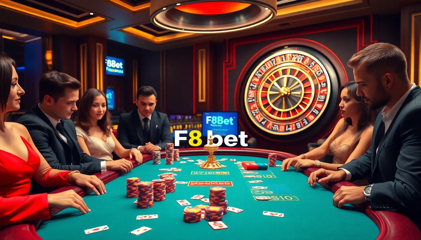 F8Bet poker scene showcasing thrilling gameplay with vibrant chips and cards.