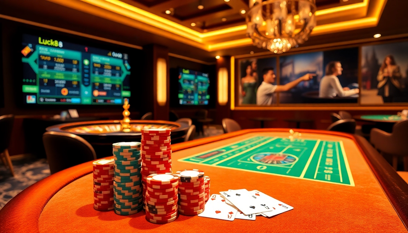 Engaging scene of Nhà cái Luck8 gaming, showcasing colorful chips and poker cards on a luxurious table.