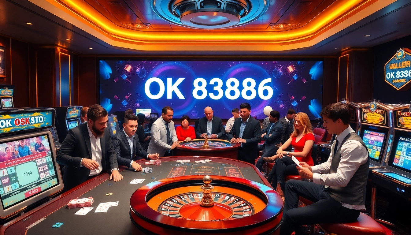 Players enjoying high-stakes games at the OK 8386 casino, featuring poker and roulette.