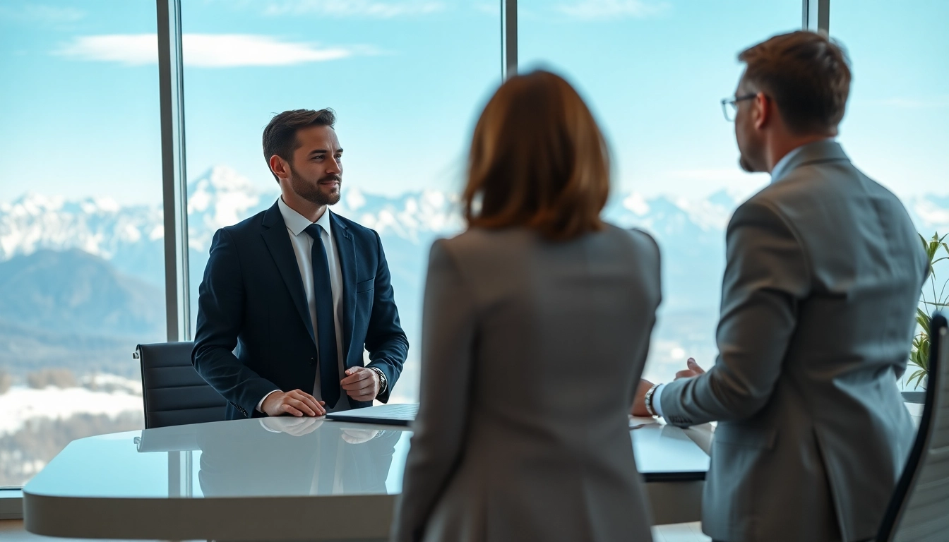 Headhunter Schweiz interagiert mit Klienten in einem modernen Büro, professionell und einladend.