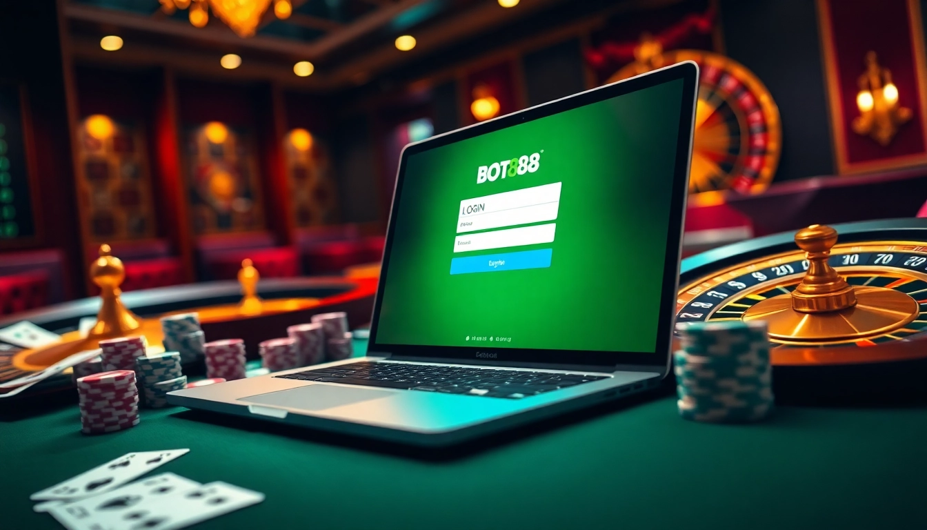 Engage with BOT88 LOGIN on a luxurious online casino interface surrounded by poker chips and cards.