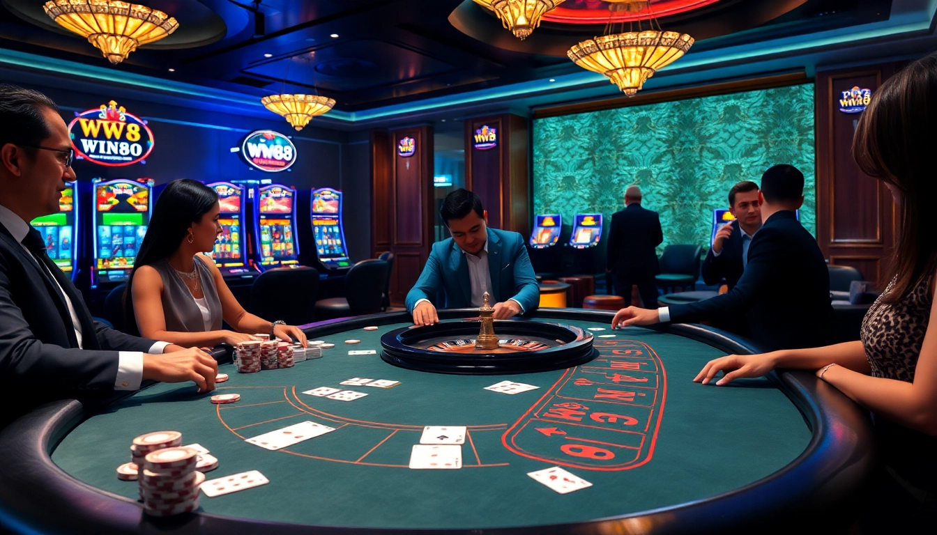 WW88 players enjoy high-stakes poker in a luxurious casino setting with vibrant ambiance.