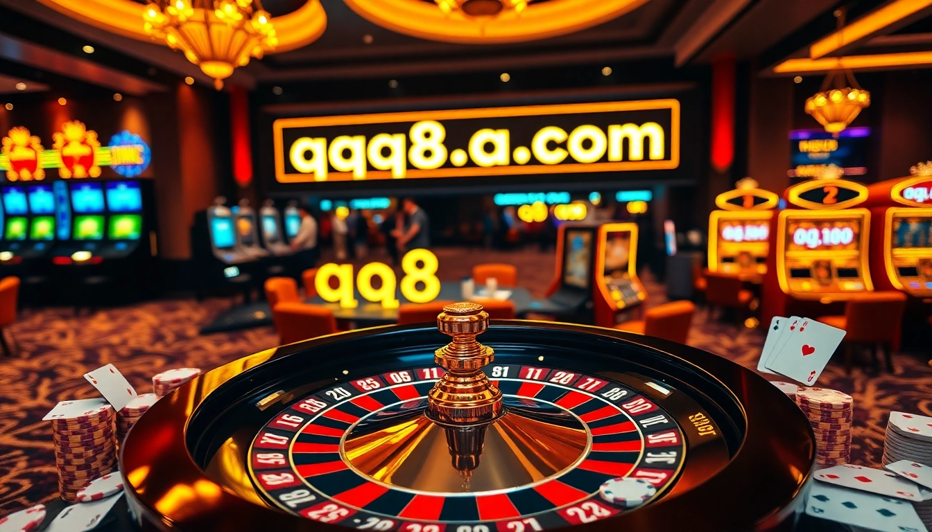 Exciting gambling experience at qq88 co com casino with roulette wheel and poker chips.