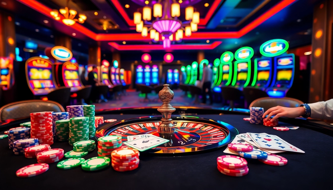 A dynamic casino scene featuring 789club poker chips and elegant game tables, inviting experienced players.
