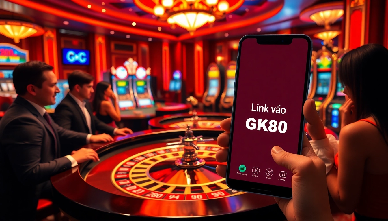 Exciting casino scene showing players enjoying games, emphasizing Link vào GK88 for online access.