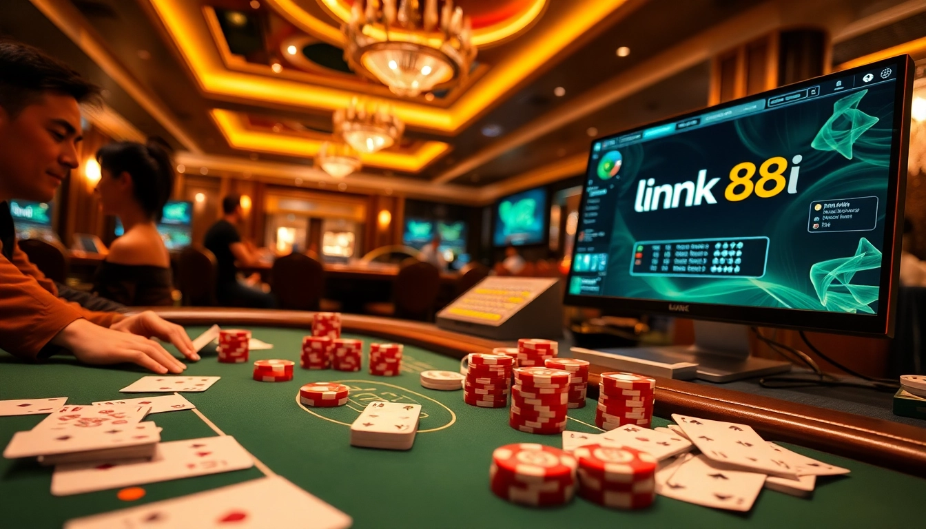 Experience link 88i excitement at a professional casino table filled with cards and chips.