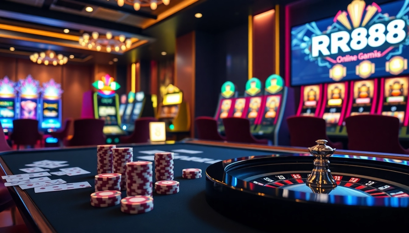 Experience RR88’s exciting casino adventures with roulette wheels and poker chips.
