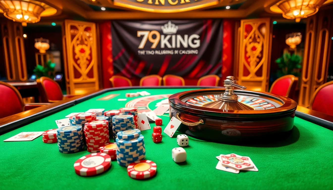 Experience the thrill of winning at 79KING with vibrant casino tables, chips, and roulette.
