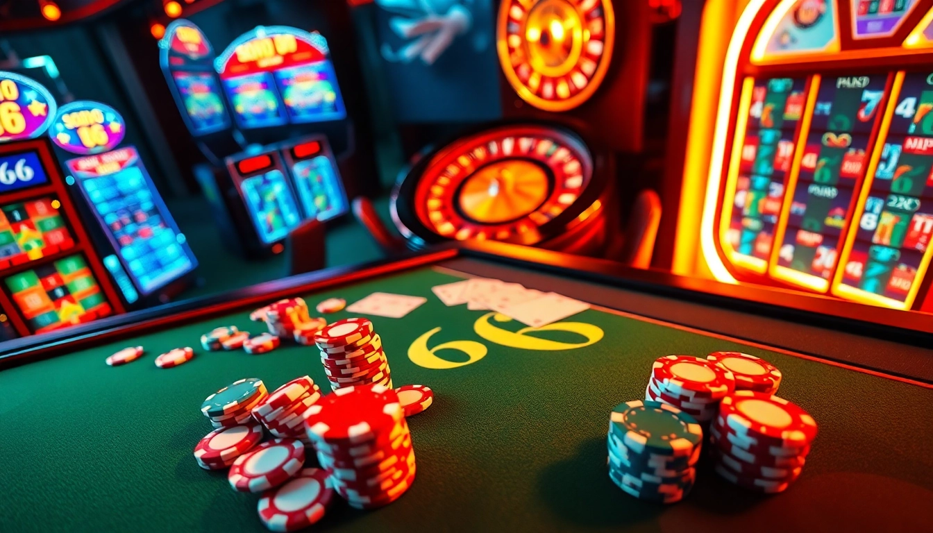 SODO 66 casino excitement with vibrant poker chips and roulette wheel showcasing a thrilling gambling atmosphere.