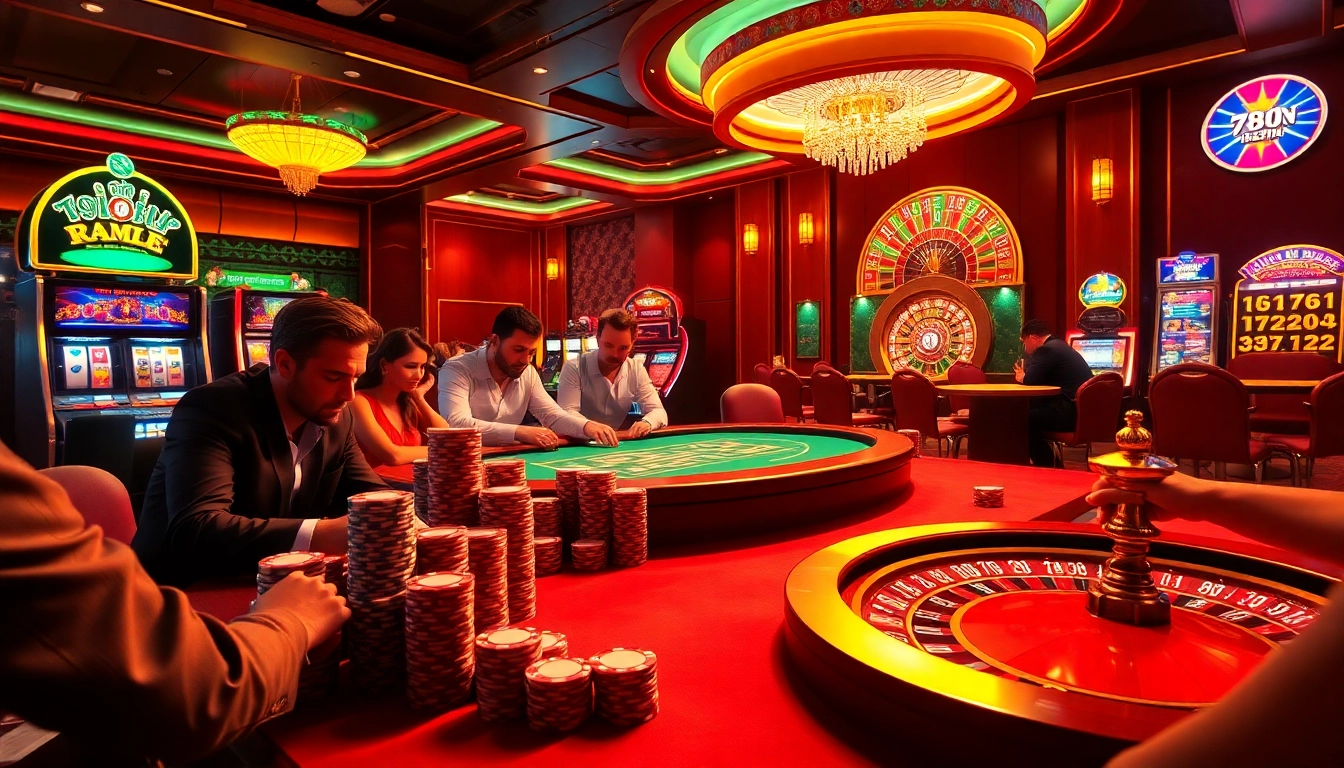 High-stakes poker table scene featuring 789win com chips and roulette wheel for a thrilling gambling experience.