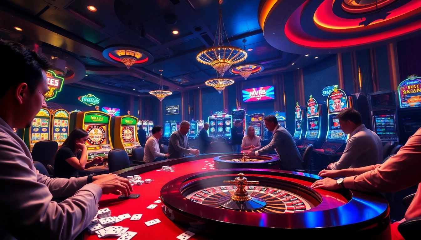 Players enjoying the thrill of mv88 gambling with poker chips and cards at a luxurious casino.
