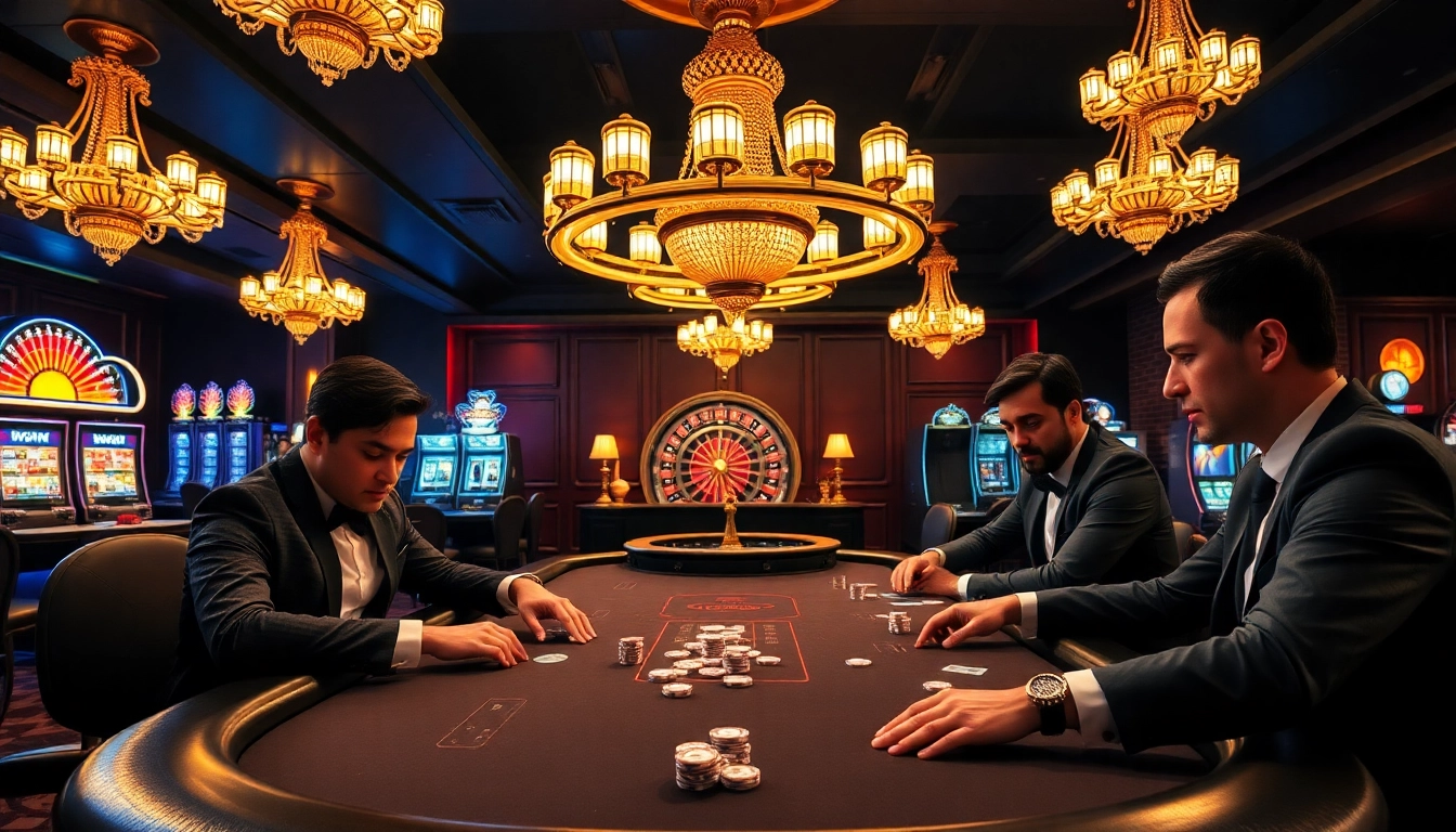Luck88 players at a high-stakes poker table in a luxurious casino setting.