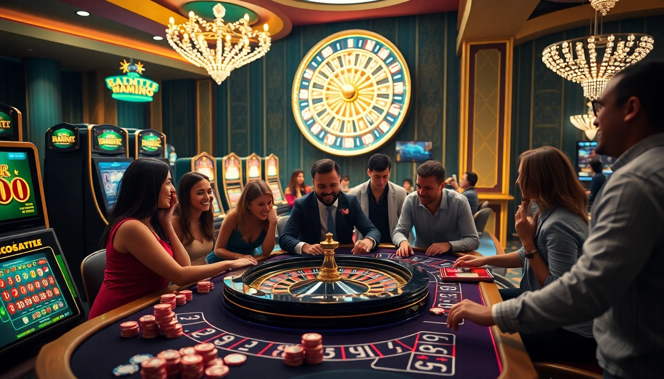 Experience the excitement of a lucky win at a luxurious online casino with vibrant games and players engaged.