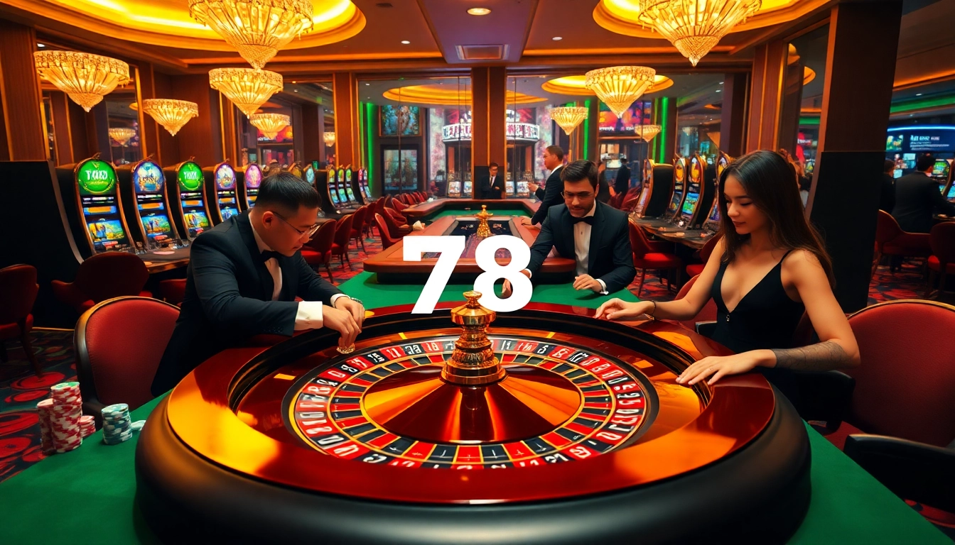 Experience the thrill of winning at "78 WIN" with vibrant casino elements like roulette, chips, and excitement.