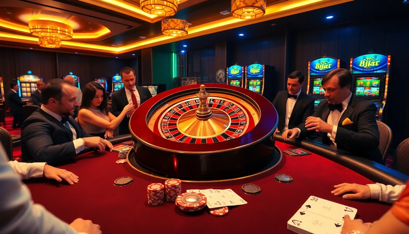 Excited players engaging with the b52-themed roulette wheel in an upscale casino setting.
