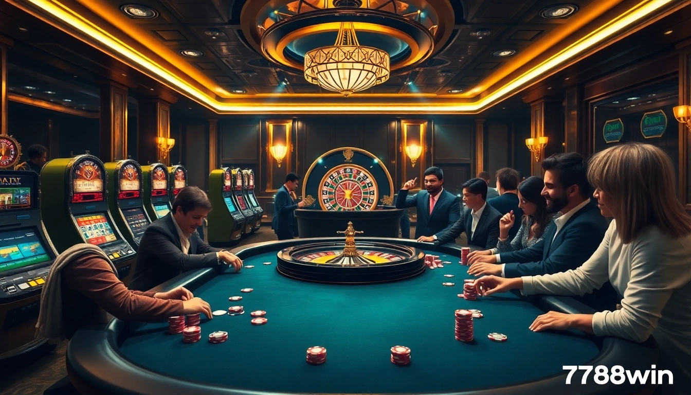 A vibrant casino atmosphere showcasing excitement and luxury at 789b.win with players engaging at a poker table.
