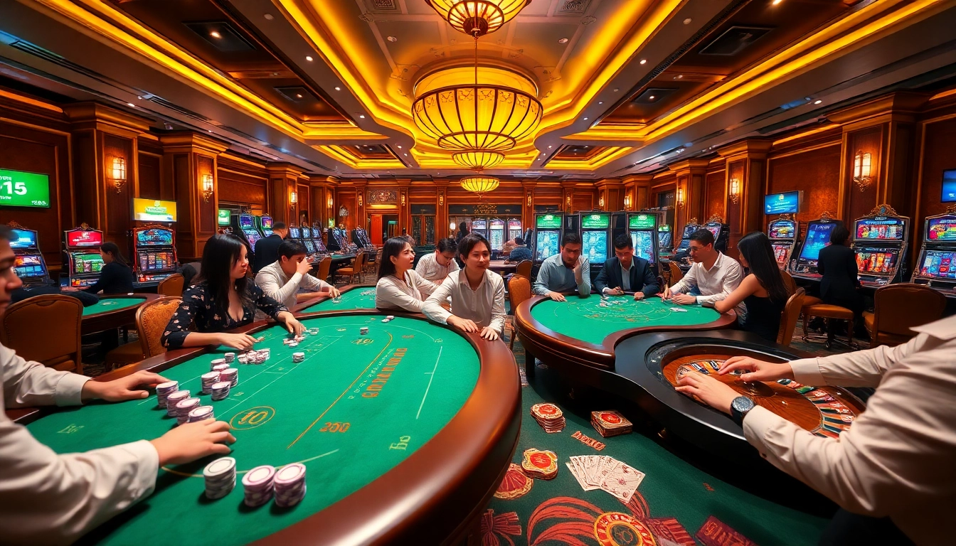 Cổng Game 789club casino scene featuring lively gambling tables and enthusiastic players.