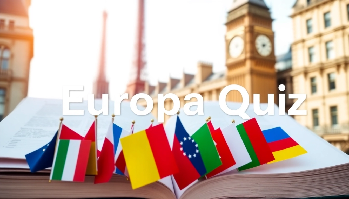 Begeisterte Teilnehmer am Europa Quiz mit bekannten europäischen Sehenswürdigkeiten im Hintergrund.
