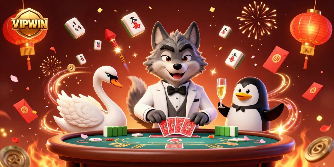 Experience the thrill at VIPWIN with a dynamic casino scene featuring engaging characters and festive elements.