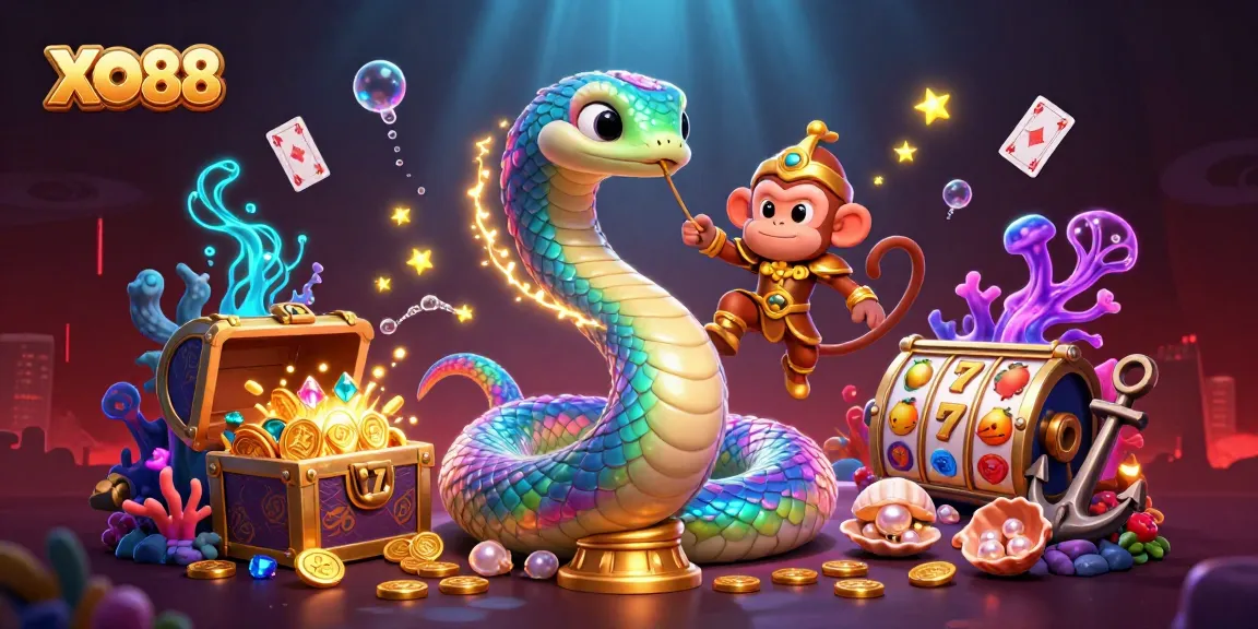 Experience the vibrant excitement of XO88 as a rainbow serpent and golden monkey king play among slots and treasures.