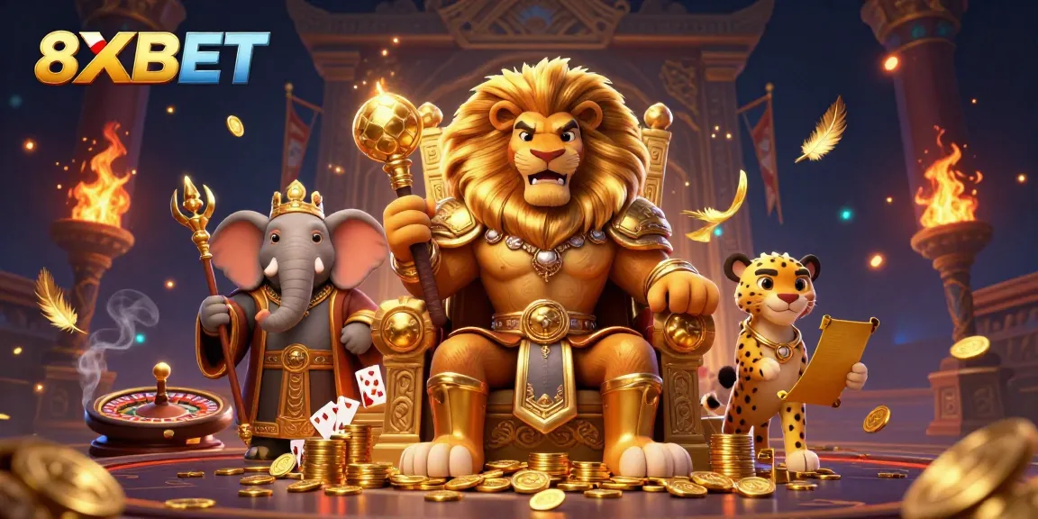 Experience the thrill of 8XBET with captivating casino visuals featuring a majestic lion king, wise elephant advisor, and speedy cheetah.