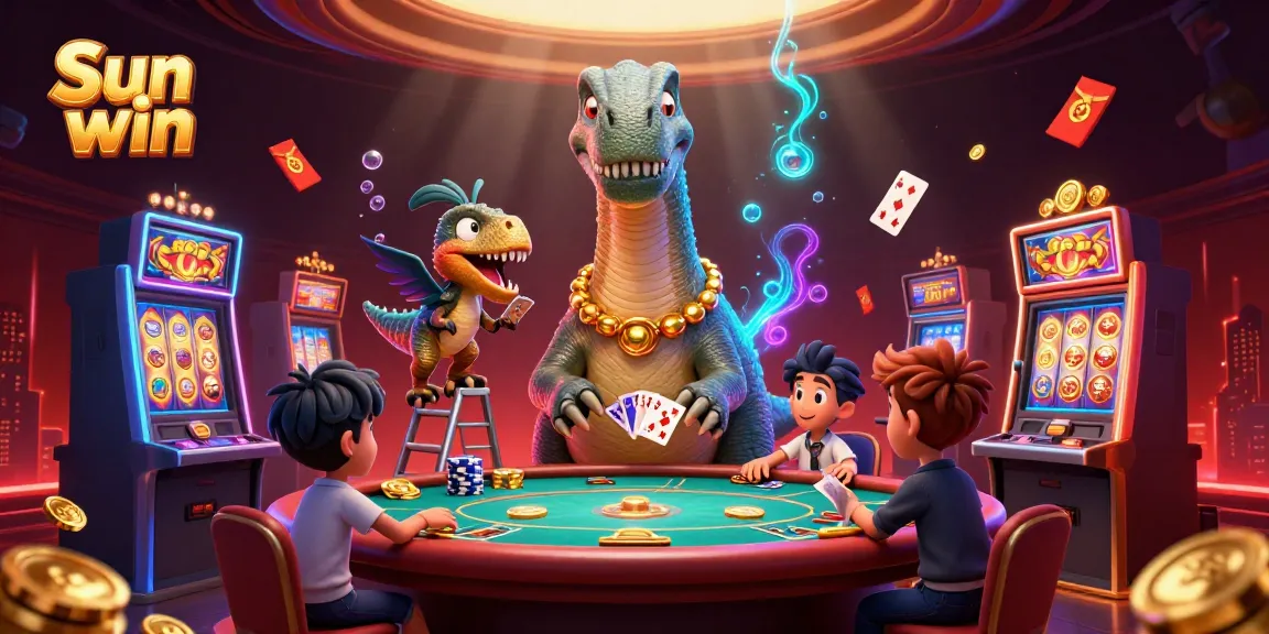 Engage in the Sun win experience as a towering brontosaurus overlooks a dynamic casino scene filled with thrilling games.