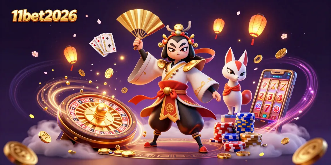 11bet2026 showcases exciting gambling action with a kabuki warrior and vibrant gaming elements.