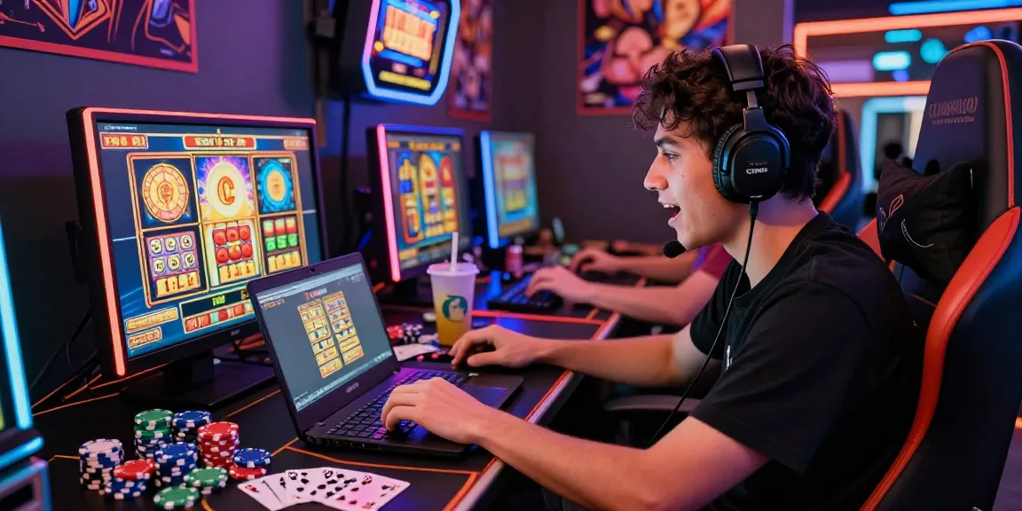 Pengalaman bermain di SUPER59, pemain slot online terlibat dengan komputer dan chip kasino di sekelilingnya.