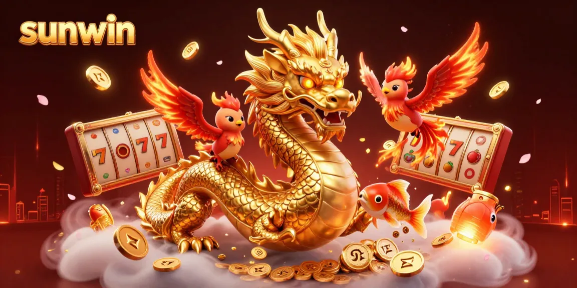 Experience the thrill of gambling with sunwin's vibrant illustration featuring dragons and slot games.