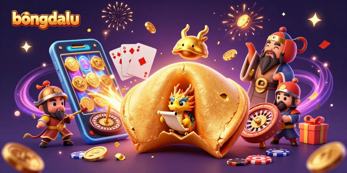 Bongdalu showcases a colorful scene with a giant fortune cookie and a wise dragon, surrounded by casino elements.