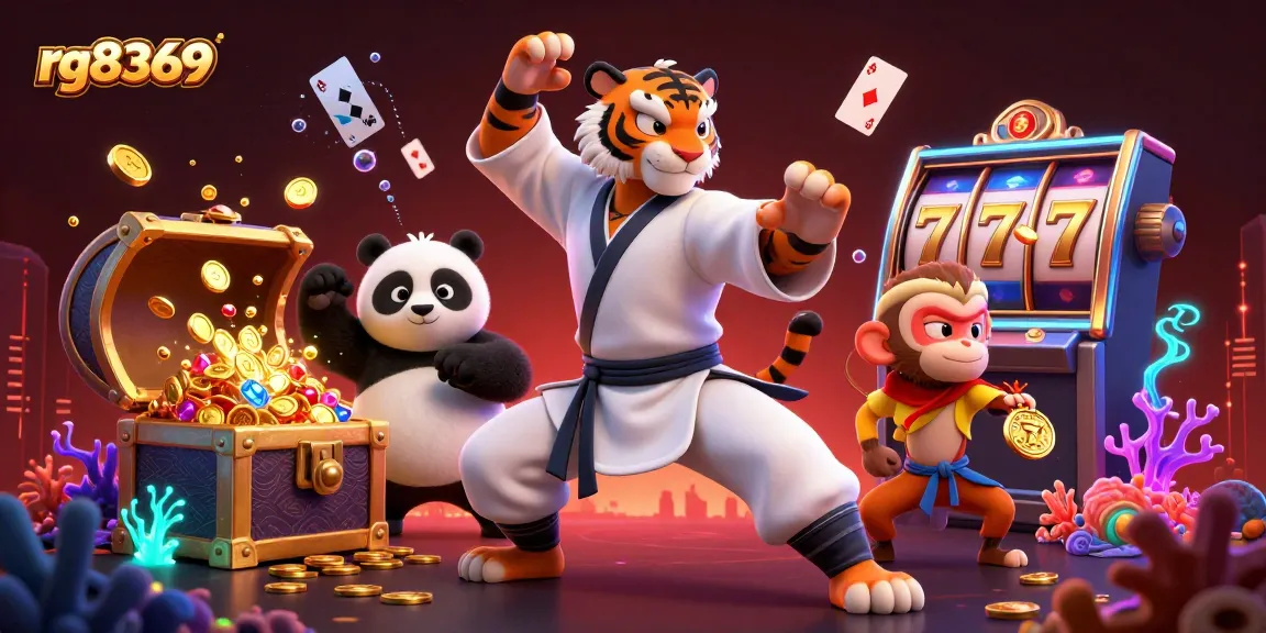 Experience exciting gaming moments with rg8369, as the kung fu tiger master showcases his skills surrounded by treasures and slot machine elements.