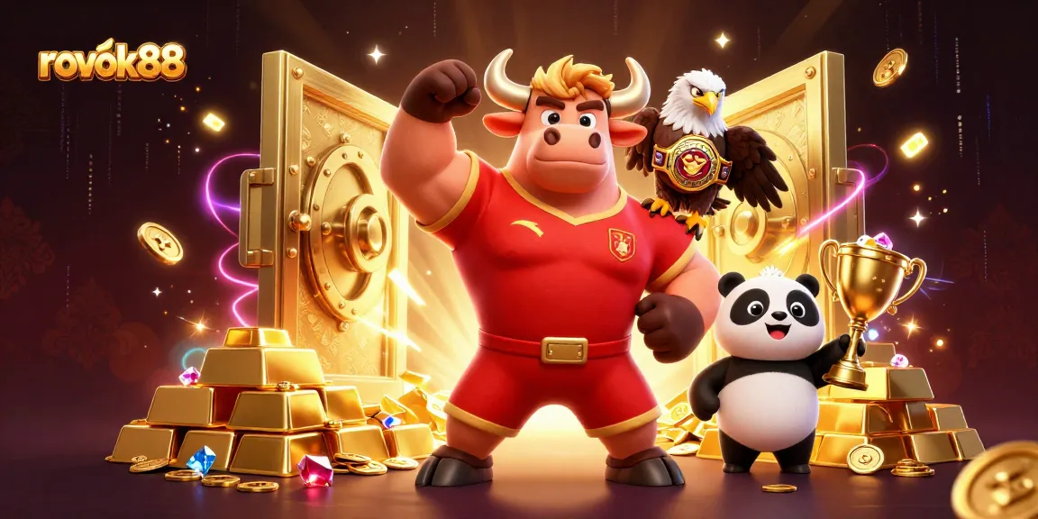 Experience excitement with rokok88, featuring dynamic characters celebrating casino wins amidst dazzling treasures.