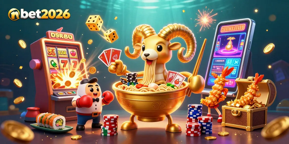 Engage with nbet2026's vibrant 3D casino scene featuring a golden ramen bowl dealer and dynamic game elements.