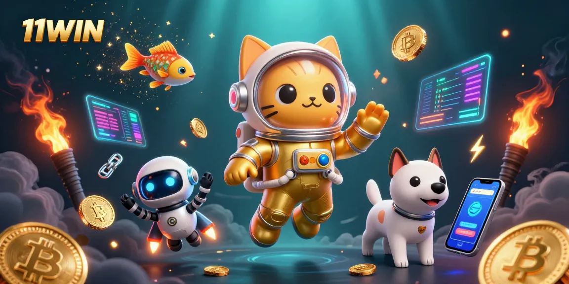 Experience the thrill of 11WIN with a 3D astronaut cat and crypto symbols in a vibrant casino universe.