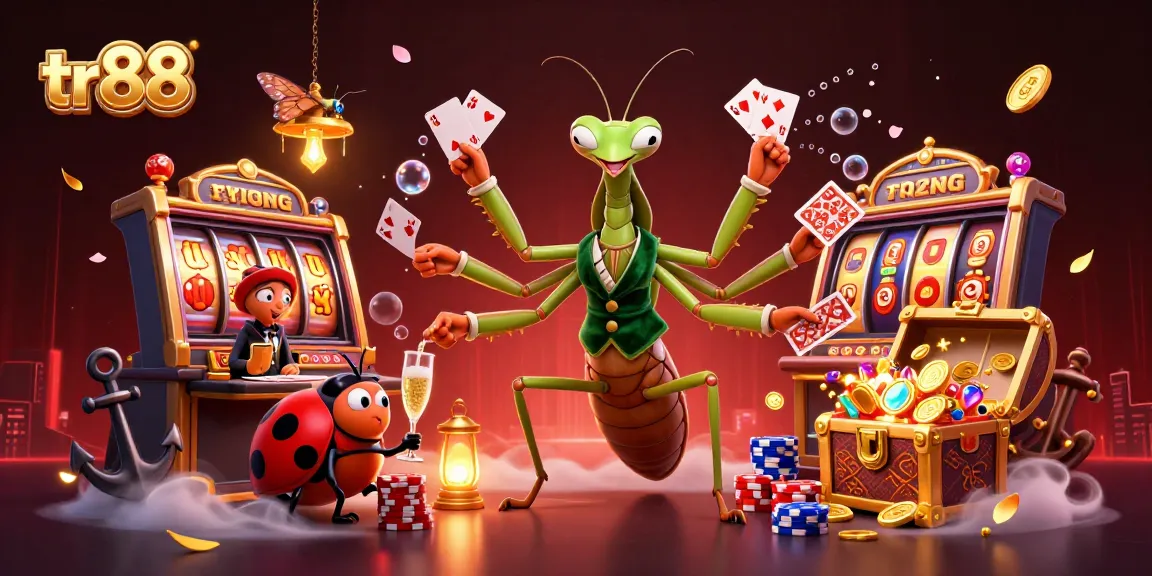 Experience thrilling gameplay with tr88 as the giant mantis card sharp showcases dazzling card tricks in a lively casino.