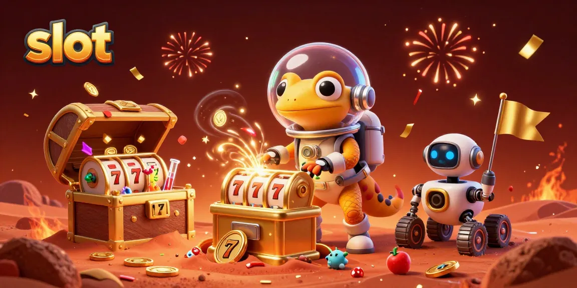 Slot permainan yang menarik dengan gecko luar angkasa menemukan mesin slot emas di Mars.