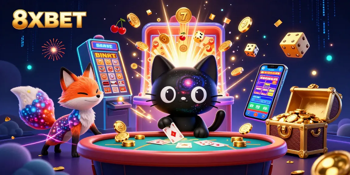 8XBET showcases an immersive casino scene with a black hole cat and colorful nebula fox, featuring exciting gaming elements.