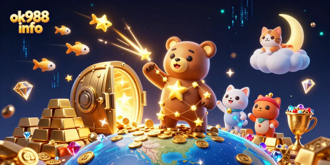 Experience thrilling wins with ok988 info as the constellation bear scoops up treasure in a magical casino world.