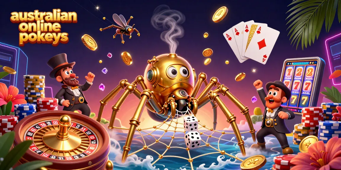 Experience the excitement of australian online pokies with our vibrant 3D illustration showcasing a steampunk spider and rich gaming elements.