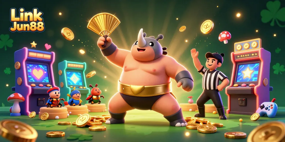Engage in exciting play at Link Jun88 with dynamic casino-themed 3D illustration featuring cartoon characters.