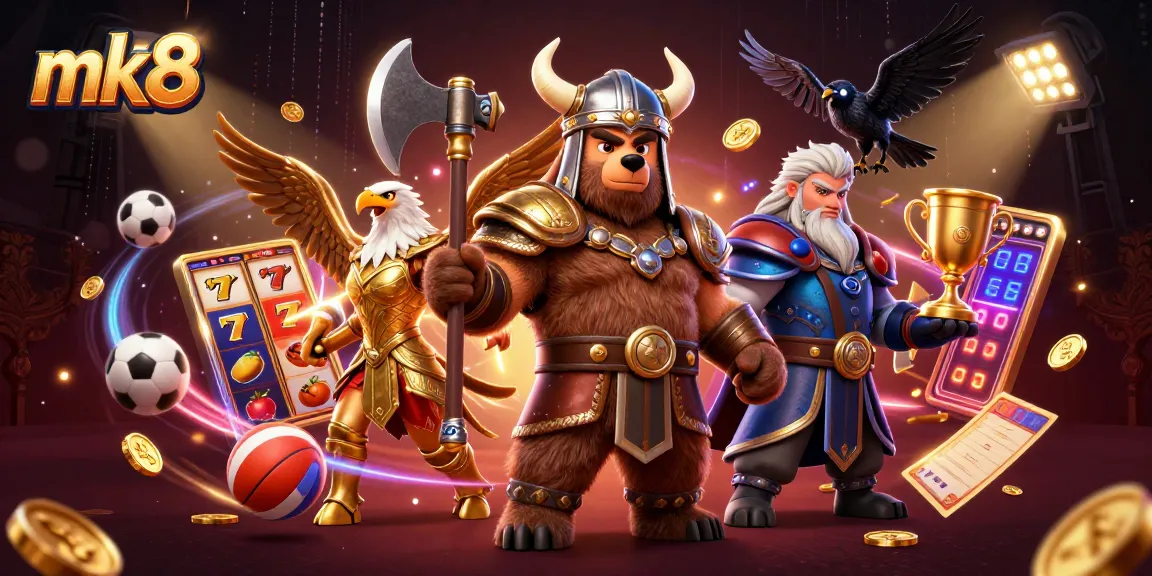 Win big at mk8 with exciting 3D casino elements featuring a Viking bear and Valkyrie eagle.
