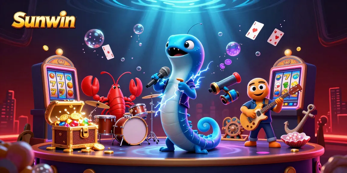 Experience the excitement of Sunwin with an energetic underwater DJ performance amidst treasures and casino elements.