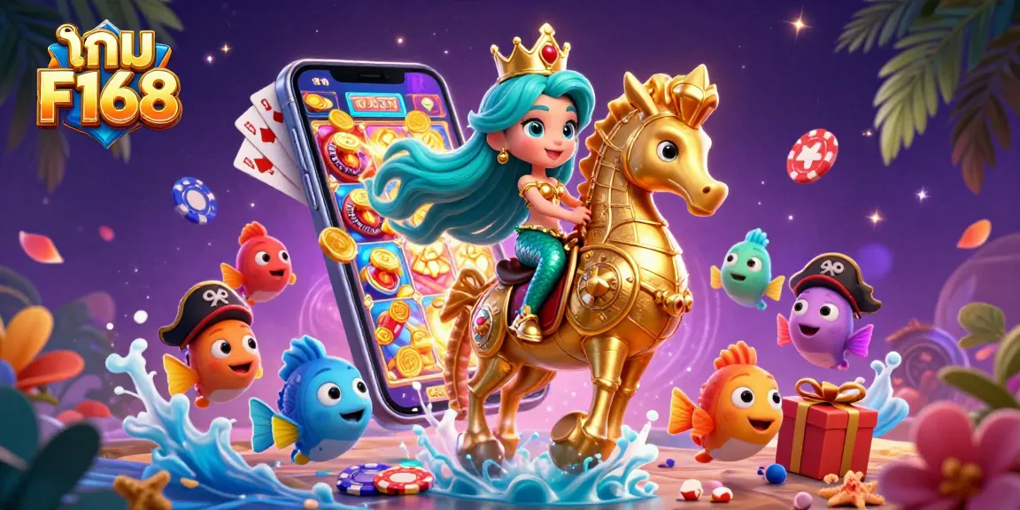 Experience the thrill of เกม F168 with a vibrant casino-inspired underwater illustration featuring a mermaid and seahorse.